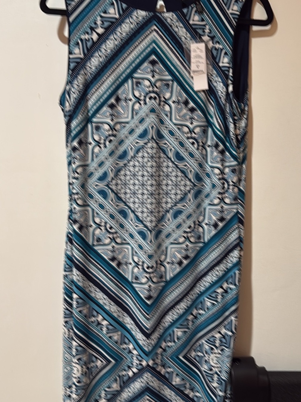 White House Black Market Teal, Navy & White Geometric Midi Dress